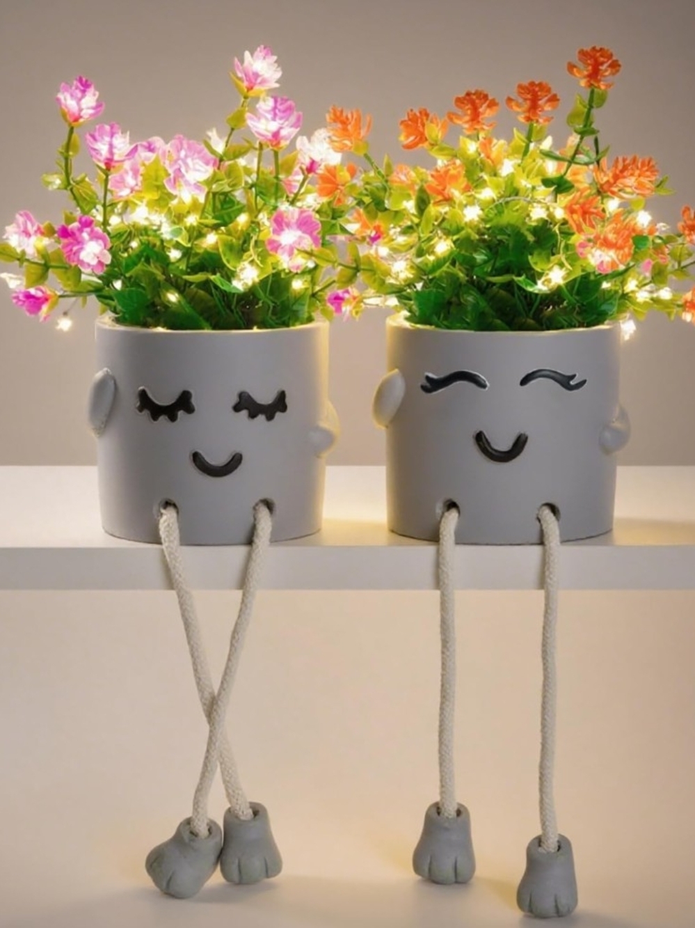 axphsox Set of 2 Cute Artificial Flower Pots w/ String Lights NEW